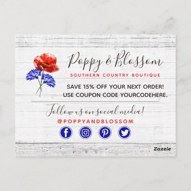 Cartão Postal Obrigado Red Poppy & Cornflower Rusly Wood (Verso)