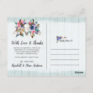 Cartão Postal Obrigado Rustic Floral Cow Skull Boho Foto Chic
