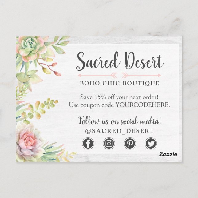 Cartão Postal Obrigado Rustic Watercolor Succult Desert Cactos (Verso)