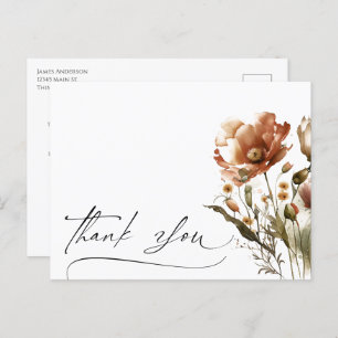Cartão Postal Obrigado Script Watercolor Wildflower