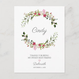 Cartão Postal Obrigado seu melhor amigo Floral Wreath em Vermelh