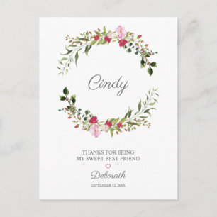 Cartão Postal Obrigado seu melhor amigo Floral Wreath em Vermelh