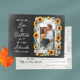 Cartão Postal Obrigado Sunflower Pumpkin Fall Chalkboard Foto