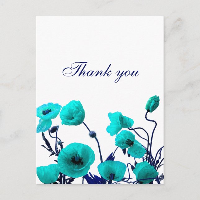 Cartão Postal Obrigado Turquoise Blue Poppy Floral Art Personali (Frente)
