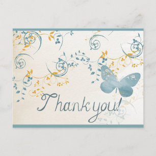 Cartão Postal Obrigado Vintage Borboleta Azul Cinza Floral