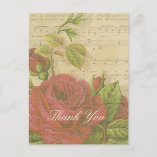 Cartão Postal Obrigado Vintage Rosa vermelha Floral Music Sheet
