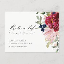Cartão Postal Obrigados De Casamento Floral Azul Blush Red Burgu