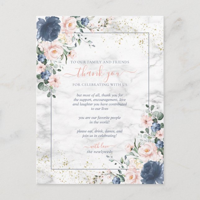 Cartão Postal Obrigados de Casamento Floral Dourado Rosa-Blush A (Frente)