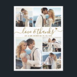 Cartão Postal Obrigados e amor do orçamento Foto de casamento Ob<br><div class="desc">Coração Dourada de Casamento 5 Colagem de Fotos, Muito Obrigado Cartão-Postal. Cartões de agradecimentos de casamento moderno com cinco (5) fotos na frente e uma (1) foto no verso. Com o texto "Amor e obrigados" em uma fonte de script tipográfico escrita, escrita à mão, com pouco amor de coração em...</div>