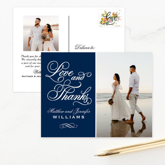 Cartão Postal Obrigados e amor Foto de casamento azul (Criador carregado)