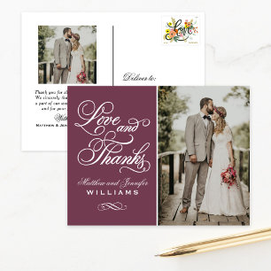 Cartão Postal Obrigados e amor Foto de casamento Burgundy Obriga