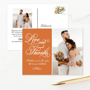 Cartão Postal Obrigados e amor Foto de casamento Laranja Obrigad