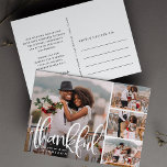 Cartão Postal Obrigados esboçados | Colagem de Fotos de Casament<br><div class="desc">Obrigado de casamento moderno elegante que você postcard mostra quatro fotos de casamento tesouradas em um layout de colagem, com "agradecimento" sobreposto em letras brancas manuscritas. Personalize com seus nomes e adicione um obrigado pré-impresso personalizado que você envia e assina no verso. Espaço fornecido para seu endereço de retorno e...</div>