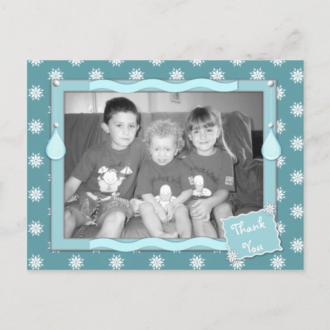 Cartão Postal Obrigados para presentes de Natal azuis com flocos (Frente)