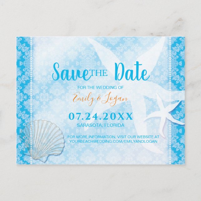 Cartão Postal Ocean Blue Beach Weding Date (Frente)