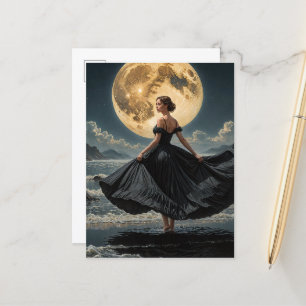 Cartão Postal Oceano dança debaixo da lua em vestido preto