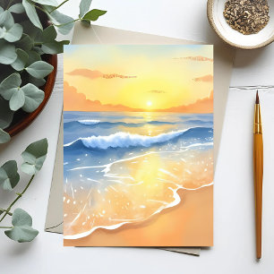 Cartão Postal Oceano Ondas Sunset   Beach Watercolor