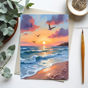 Cartão Postal Oceano Ondas Sunset   Praia Costeira de Pintura de