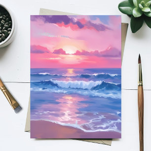 Cartão Postal Oceano Pintado de Rosa Aquarela Pastel Costeira