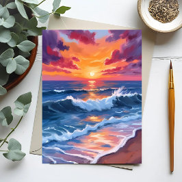 Cartão Postal Oceano Sunset Beach Waves Watercolor