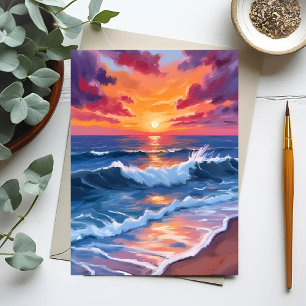 Cartão Postal Oceano Sunset Beach Waves Watercolor