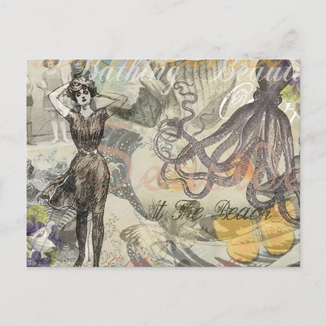 Cartão Postal Octopus Beach Antique Coastal Steampunk (Frente)