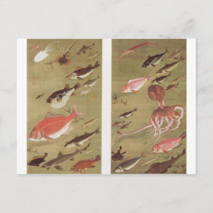 Cartão Postal Octopus e Fish por Ito Jakuchu