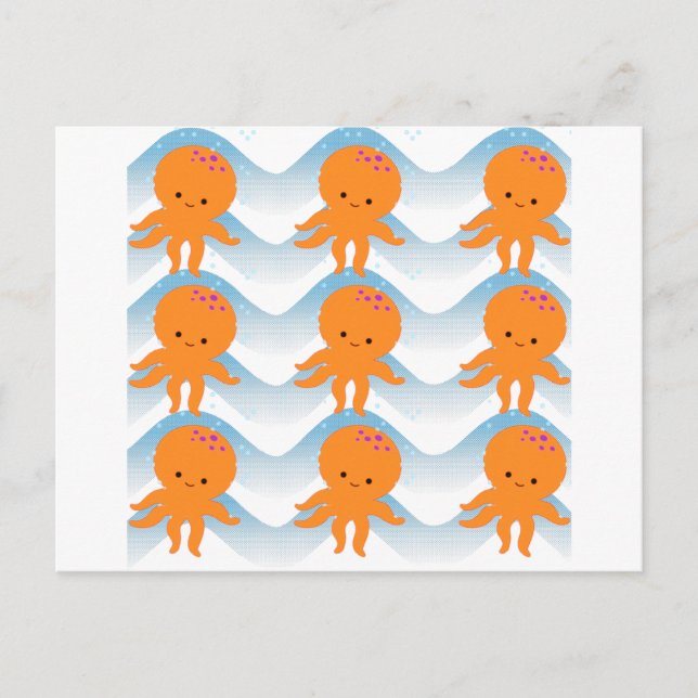 Cartão Postal Octopus Laranja E Padrão De Ondas Azuis (Frente)