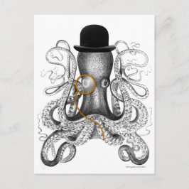 Cartão Postal Octopus Monocle Bowler Hat Curiosity
