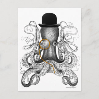 Cartão Postal Octopus Monocle Bowler Hat Curiosity