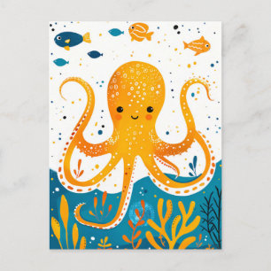 Cartão Postal Octopus Reprodutor de Cartoons com Peixes Colorido