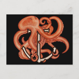 Cartão Postal Octopus Steampunk Sobre Âncora
