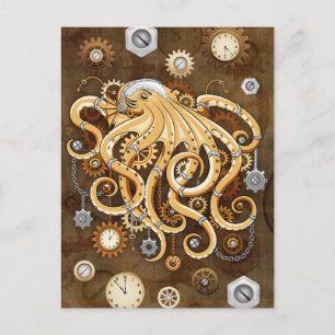Cartão Postal Octopus Steampunk Surreal Style Machine