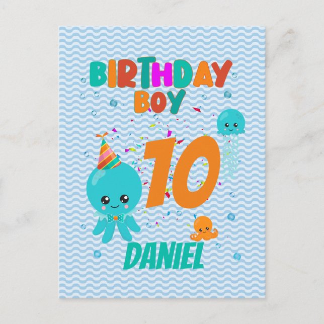 Cartão Postal Octopus Underwater Sea Ocean Birthday Boy Party (Frente)