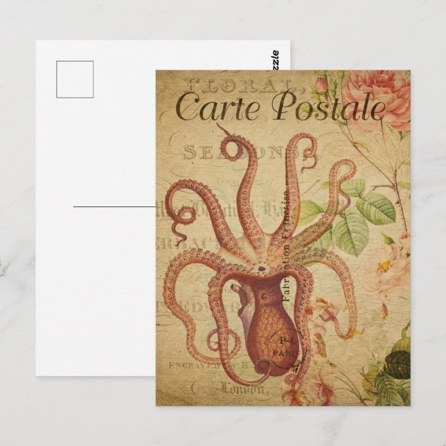 Cartão Postal Octopus Vermelho Vintage (Frente/Verso)