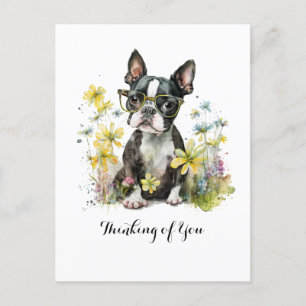 Cartão Postal Óculos de Boston Terrier Floral Pensando em Você