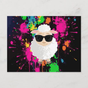 Cartão Postal Óculos de Sol de Ovelha Legal Neon Splatter Desenh