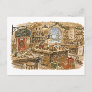 Cartão Postal Oficina do Papai Noel Fazendo Brinquedos para um N