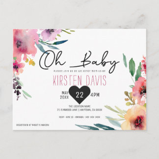 Cartão Postal Oh Baby Watercolor Floral Girl Chá de fraldas
