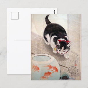 Cartão Postal Ohara Koson Cat & Goldfish Bowl Pintura Japonesa