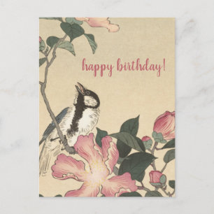 Cartão Postal Ohara Koson, Pássaro e Flores Cor-de-Rosa - Aniver