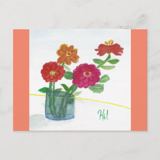 Cartão Postal Oi! pensando em você pintou flores em um vaso 