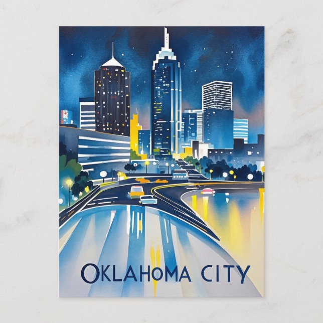 Cartão Postal Oklahoma City Night Watercolor (Frente)