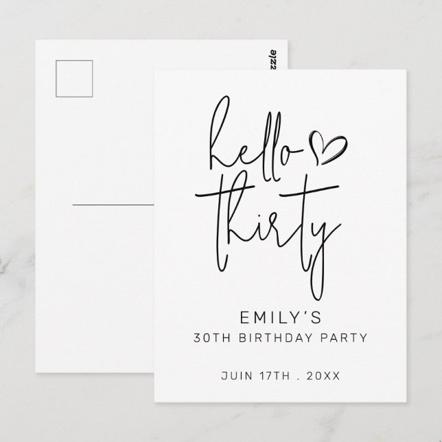 Cartão Postal Olá Aniversário Trinta Minimalista Preto Branco Mo (Frente/Verso)