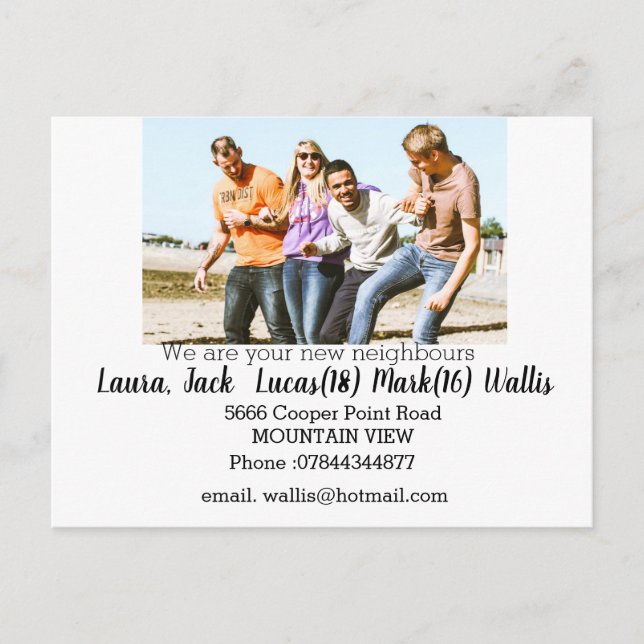 Cartão Postal Olá, conheça os vizinhos com foto da família (Frente)
