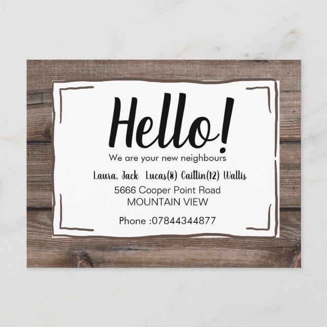 Cartão Postal Olá, conheça os vizinhos madeira rústica (Frente)