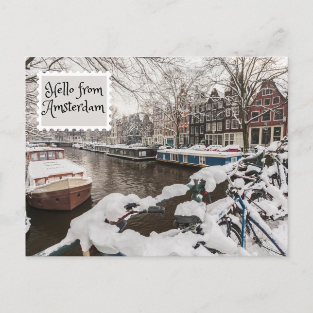 Cartão Postal Olá de Amsterdam Winter Snow na cidade (Frente)