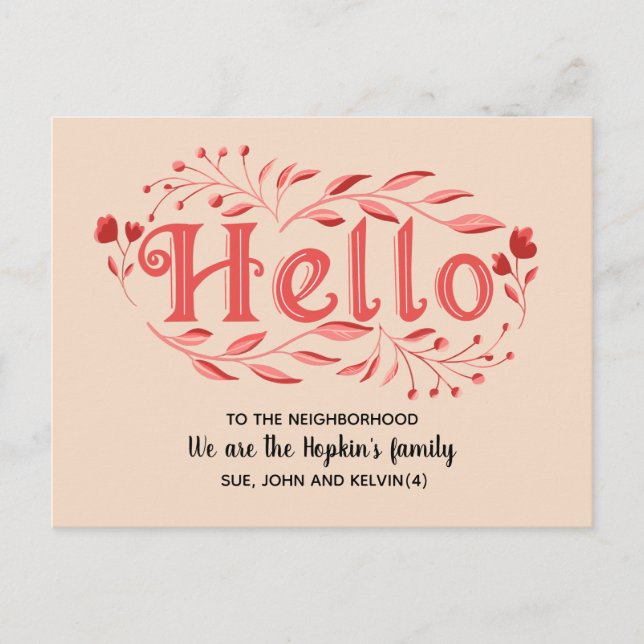 Cartão Postal Olá, editável Somos novos no Pó de Vizinhança (Frente)