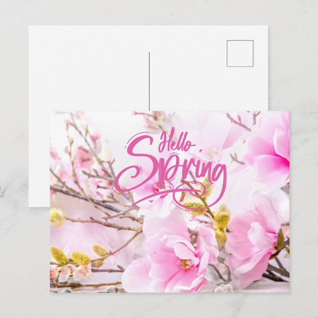 Cartão Postal Olá Flores Rosa de Magnólia da Primavera (Frente/Verso)