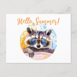 Cartão Postal Olá Summer Raccoon em óculos de sol Watercolor